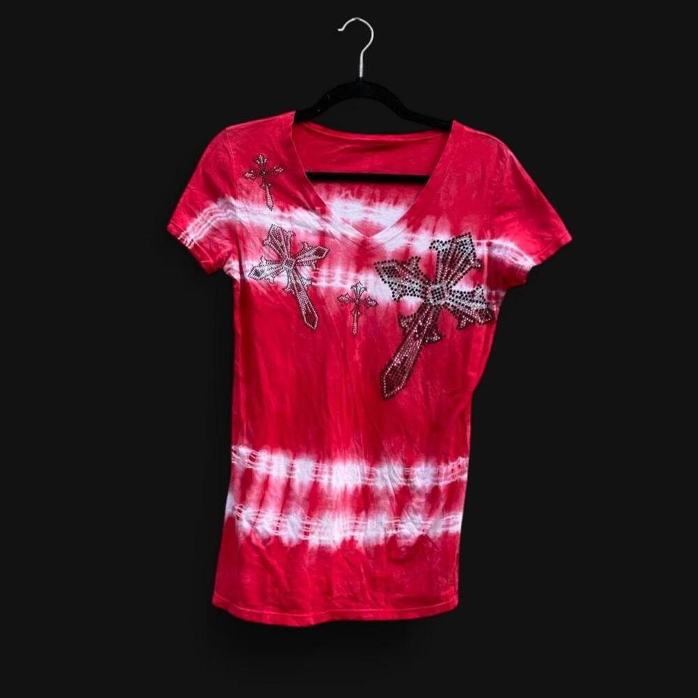 00s red tie-dye rhinestone cross top